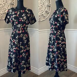 Vintage Women’s Carol Anderson Dress 80s Midi Black Floral Buttons Medium Petite